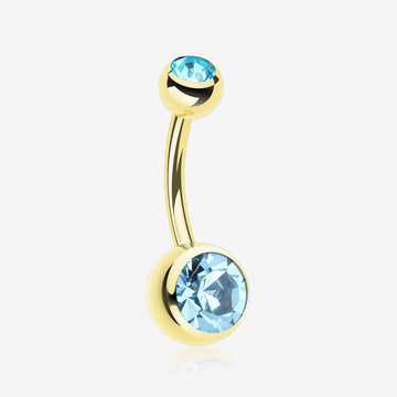 Gold PVD Double Gem Ball Steel Belly Button Ring-Aqua
